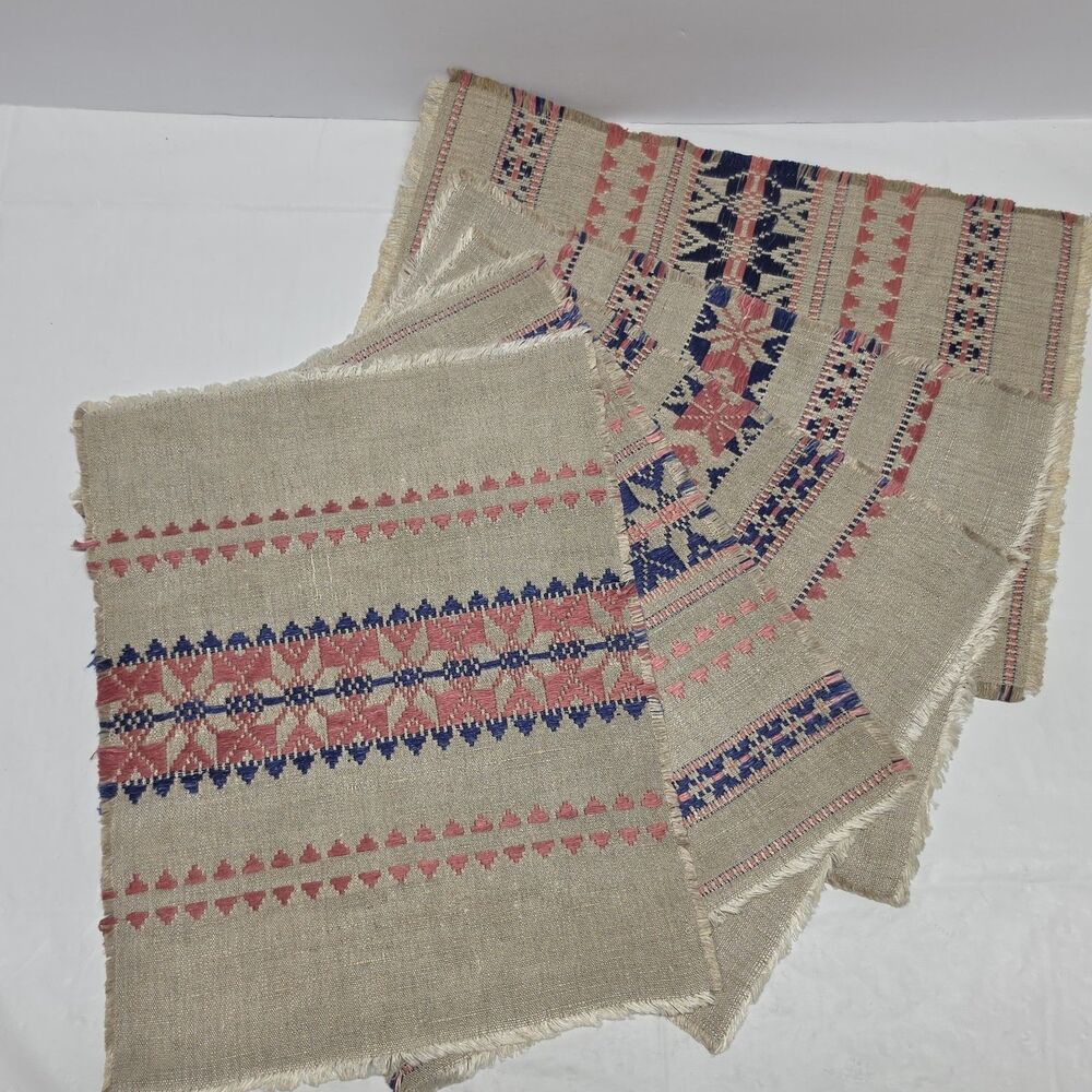 Vintage Swedish Linen Embroidered Placemats Set Of 5 Navy Pink Floral